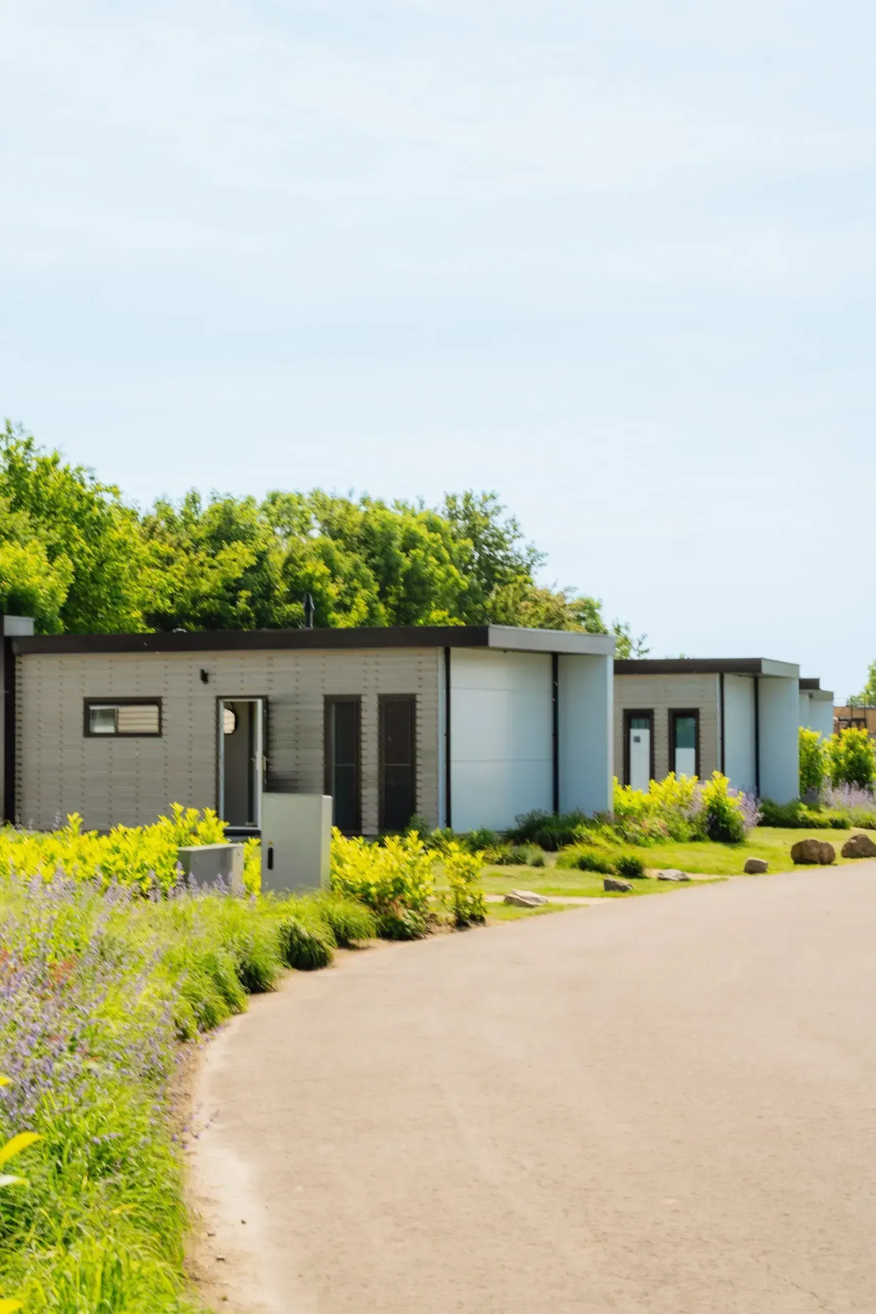 The path curving between the villas