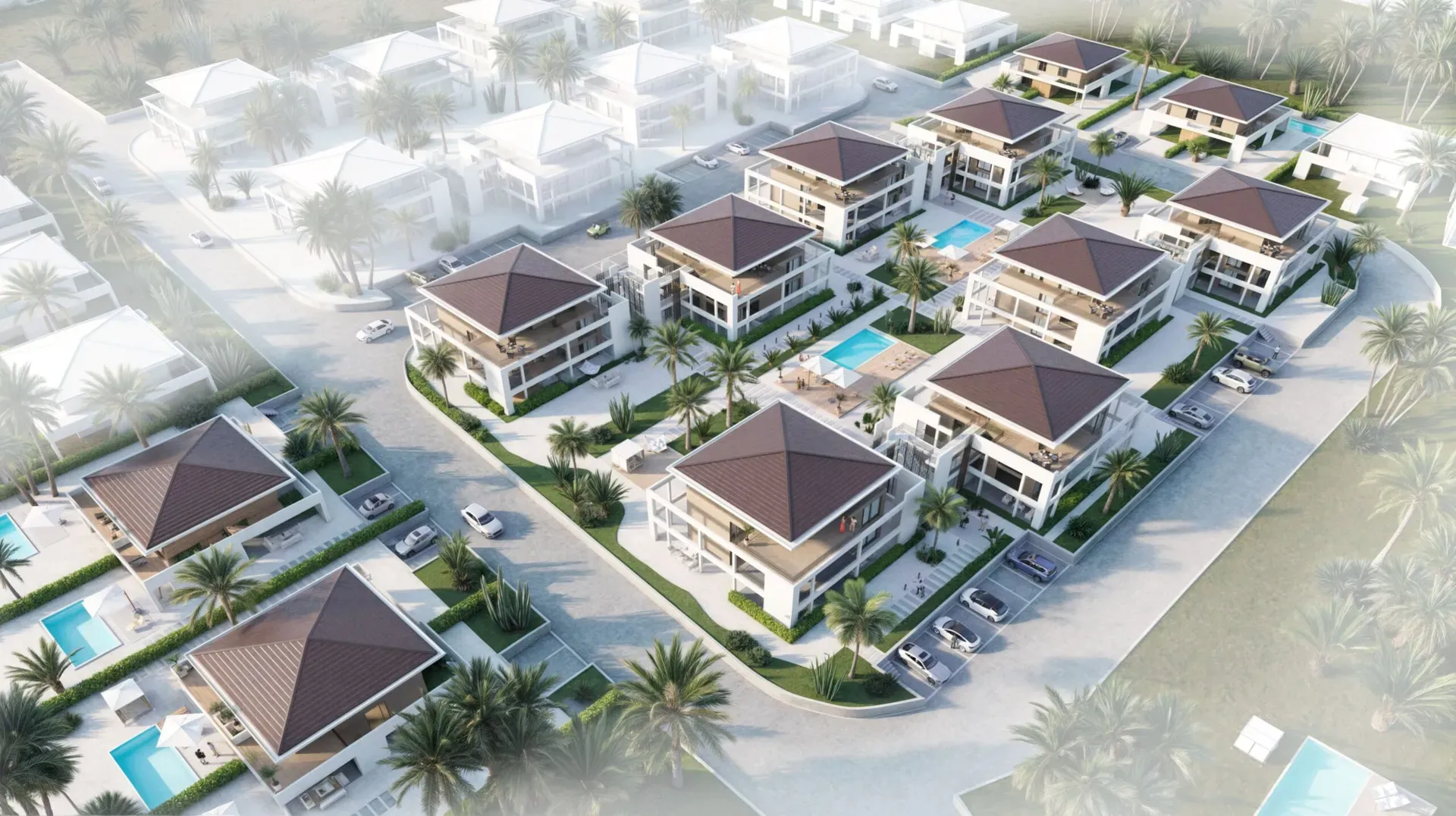 Baia Vista from above, apartment blocks and villas with pools, artist impression