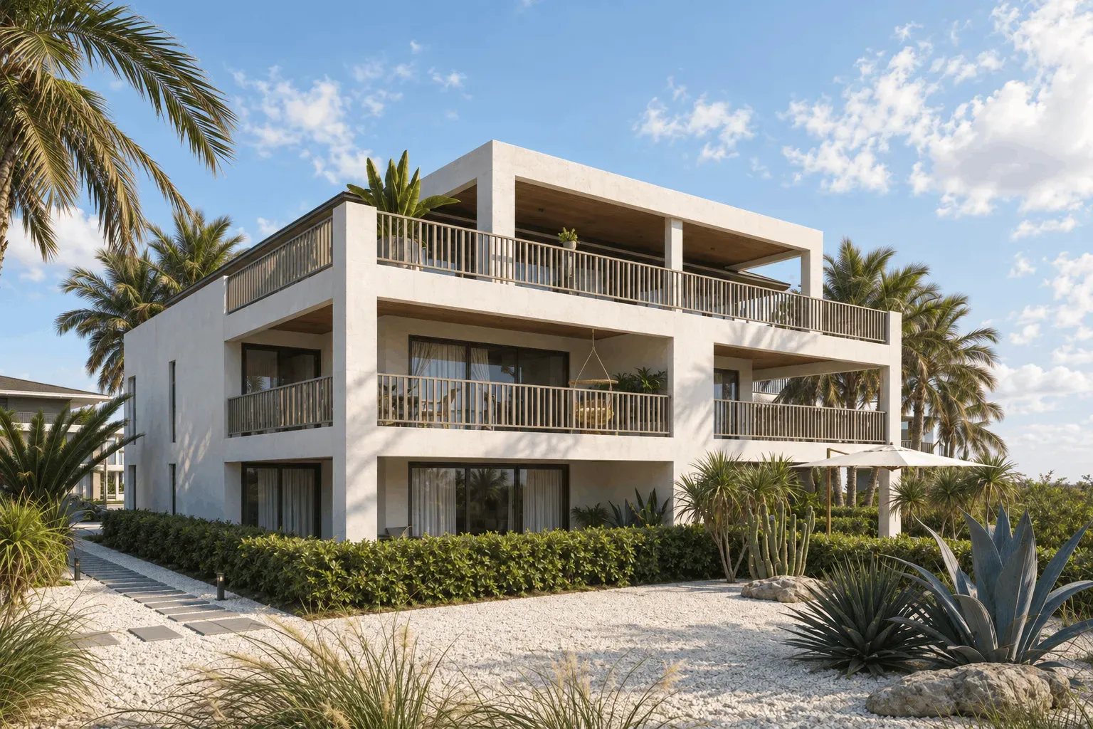 A three-storey apartment block among palms and agaves, artist impression
