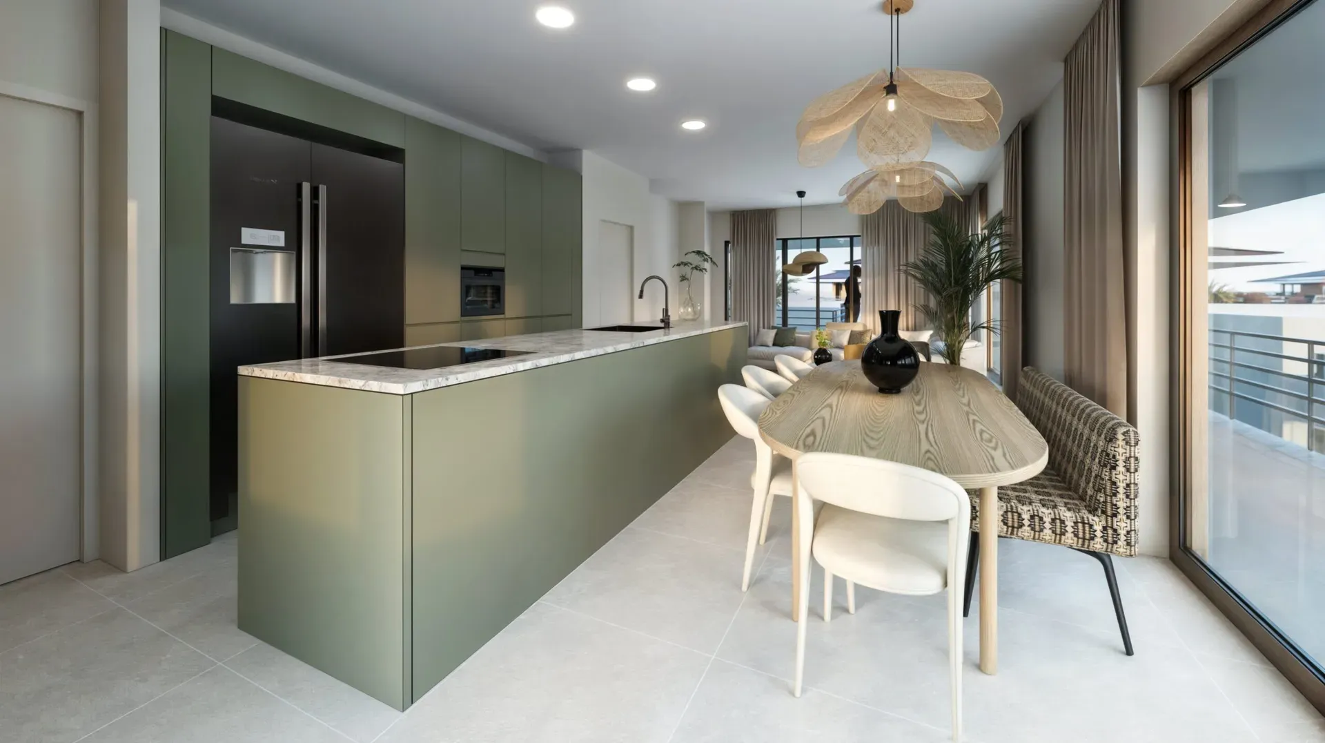 Penthouse kitchen in sage green with a long dining table, artist impression