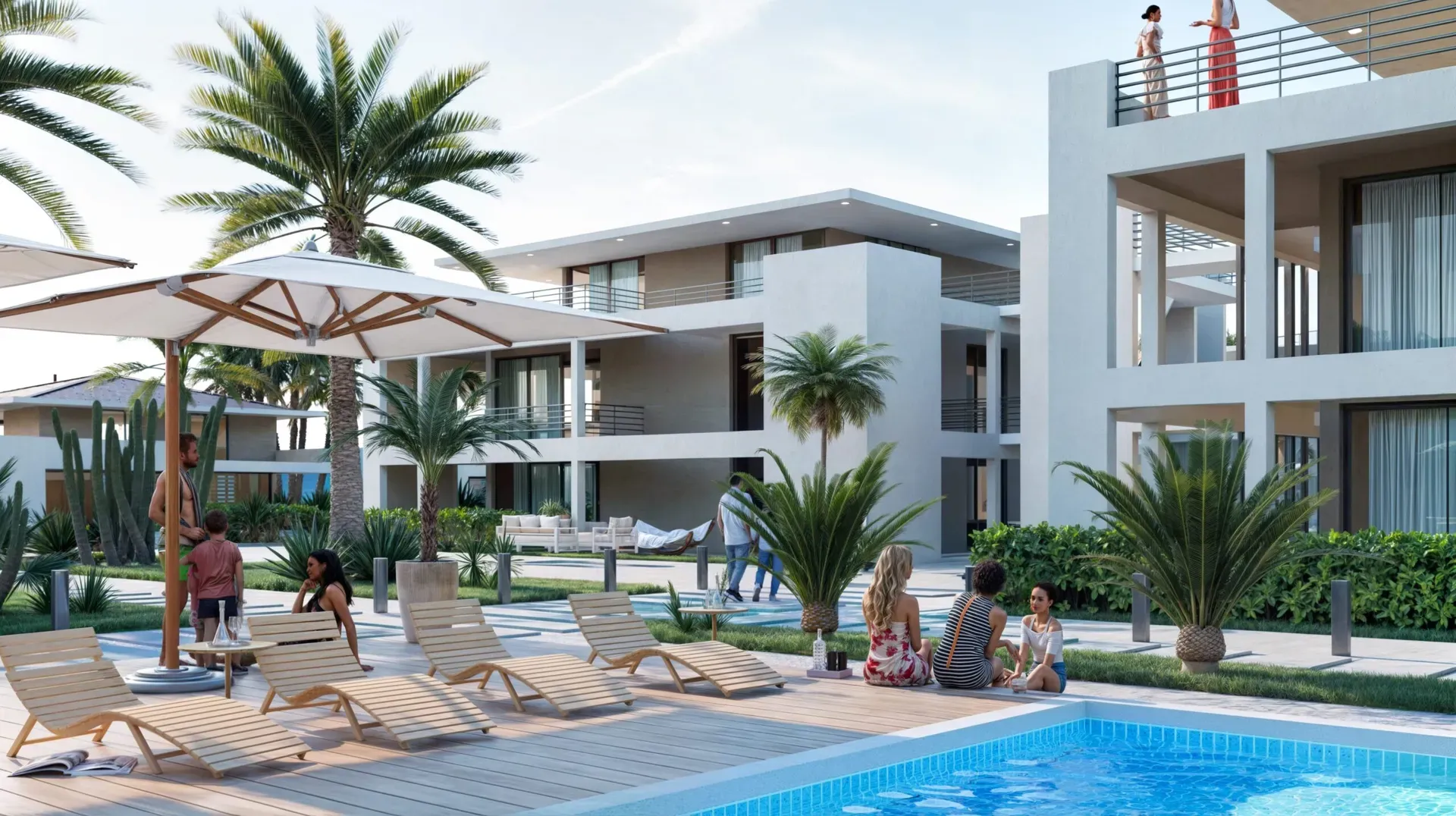 Sun loungers on the pool terrace between the apartment blocks, artist impression