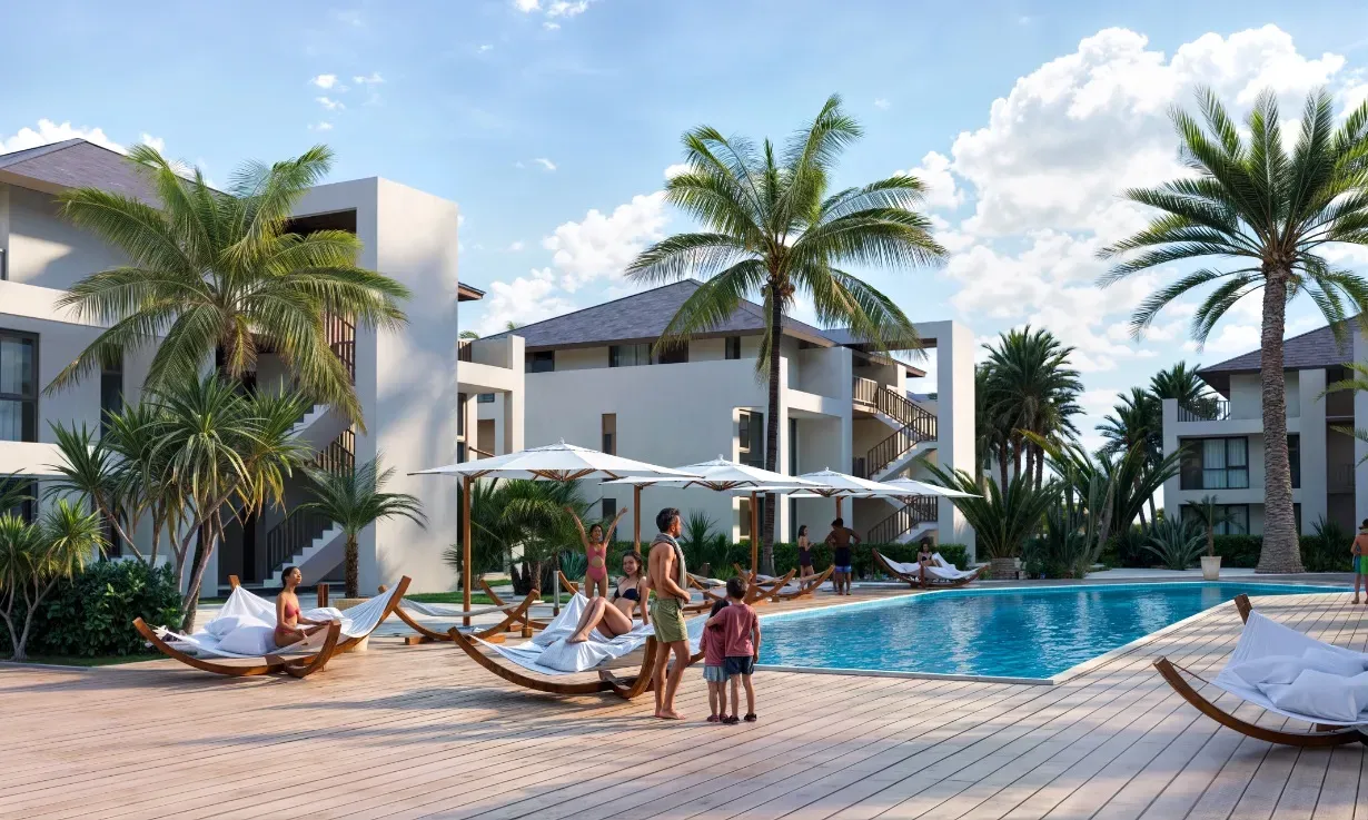 The shared pool with hammocks and palms, artist impression